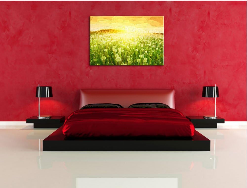 Pixxprint Pusteblumenwiese bei Sonnenuntergang Pinsel Effekt, Format: 100x70 auf Leinwand, 100x70