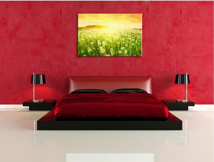 Pixxprint Pusteblumenwiese bei Sonnenuntergang Pinsel Effekt, Format: 100x70 auf Leinwand, 100x70