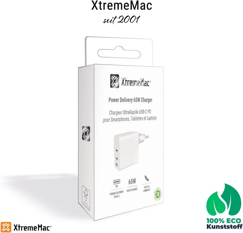 XtremeMac Premium USB-C Ladegerät 65W, USB C Netzteil 2-Port Schnellladegerät PD Charger 60W - kompa