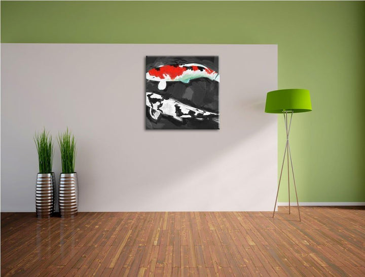 Gezeichnete Koi Karpfen, Format: 70x70 auf Leinwand, XXL riesige Bilder fertig gerahmt mit Keilrahme