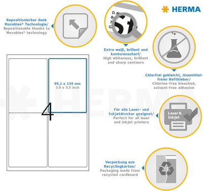 HERMA 10313 Universal Etiketten blickdicht ablösbar, 100 Blatt, 99,1 x 139 mm, 4 Stück pro A4 Bogen,