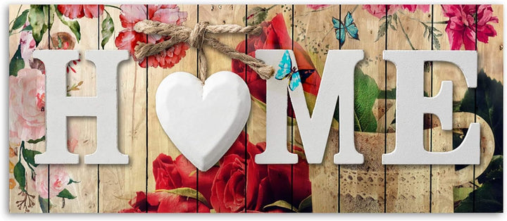 Feeby Wandbild Home 120x40 cm Druckbild Leinwandbild Wanddekoration Herz Schmetterlinge Blumen Rot L