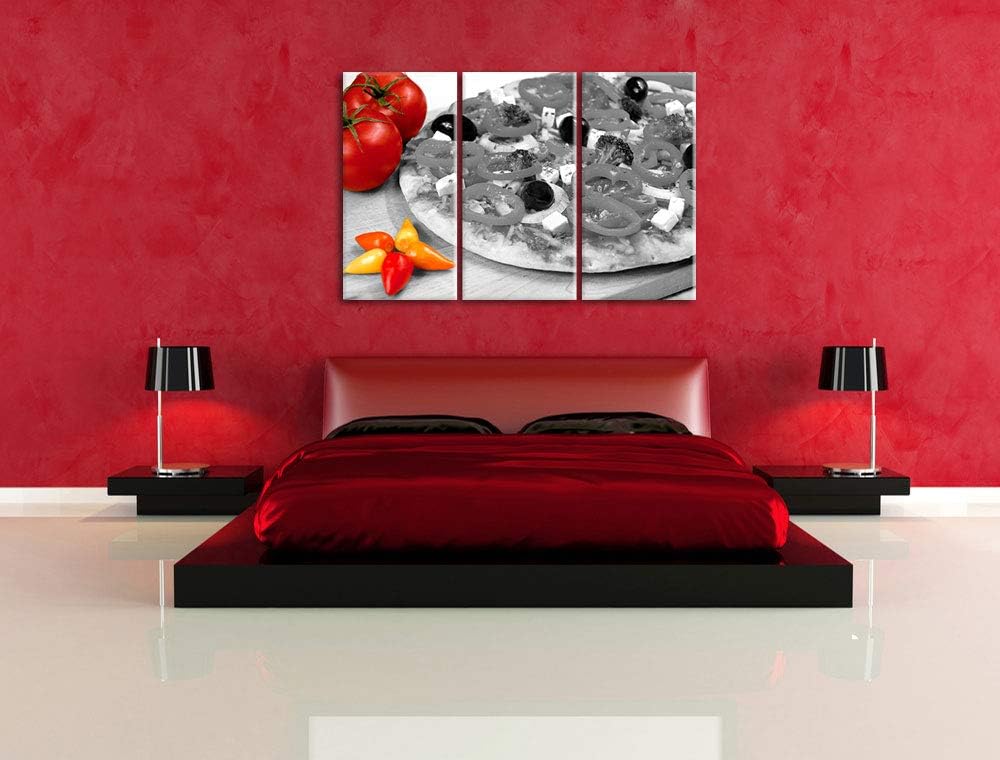 leckere Pizza mit Oliven und Hirtenkäse schwarz/weiss 3-Teiler Leinwandbild 120x80 Bild auf Leinwand