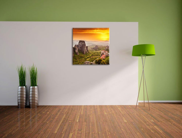 Häuser auf Felsen, Format: 70x70 auf Leinwand, XXL riesige Bilder fertig gerahmt mit Keilrahmen, Kun