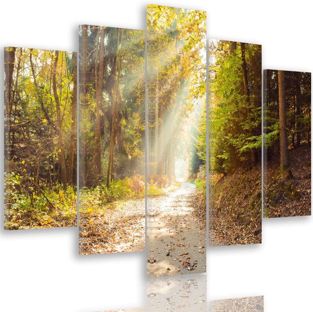 Feeby Wandbild XXL 5 Teilig Landschaft Leinwandbild Wald Blätter Bäume gelb 300x140 cm Leinwandbild