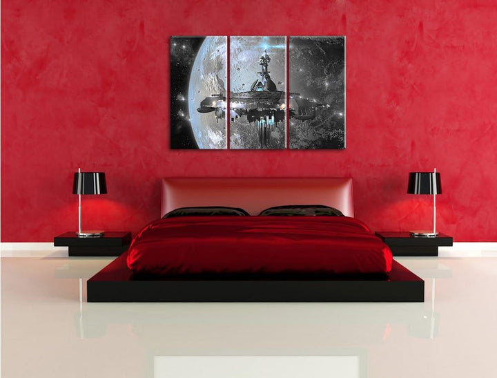 Pixxprint Raumschiff vor der Erde als Leinwandbild/Grösse: 3 Teilig (120x80 cm) cm/Wandbild/Kunstdru