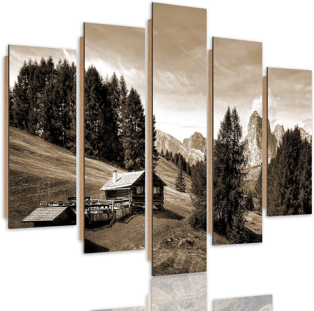 Feeby Wandbild Berge 300x140 cm Deco Panel 5 Teilig XXL Kunstdruck Hütte Bäume Sepia Deco panel XXL