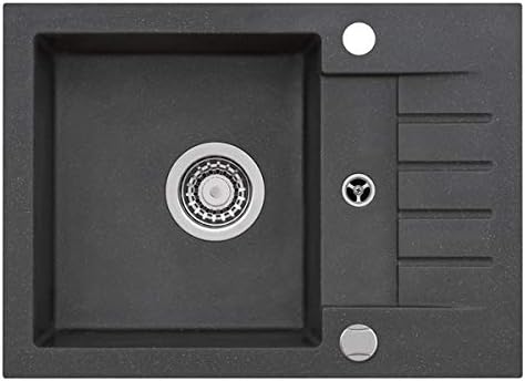 VBChome Spüle Schwarz 58 x 42 cm Spültischarmatur Granit Einzelbecken Einbauspüle gesprenkelt revers