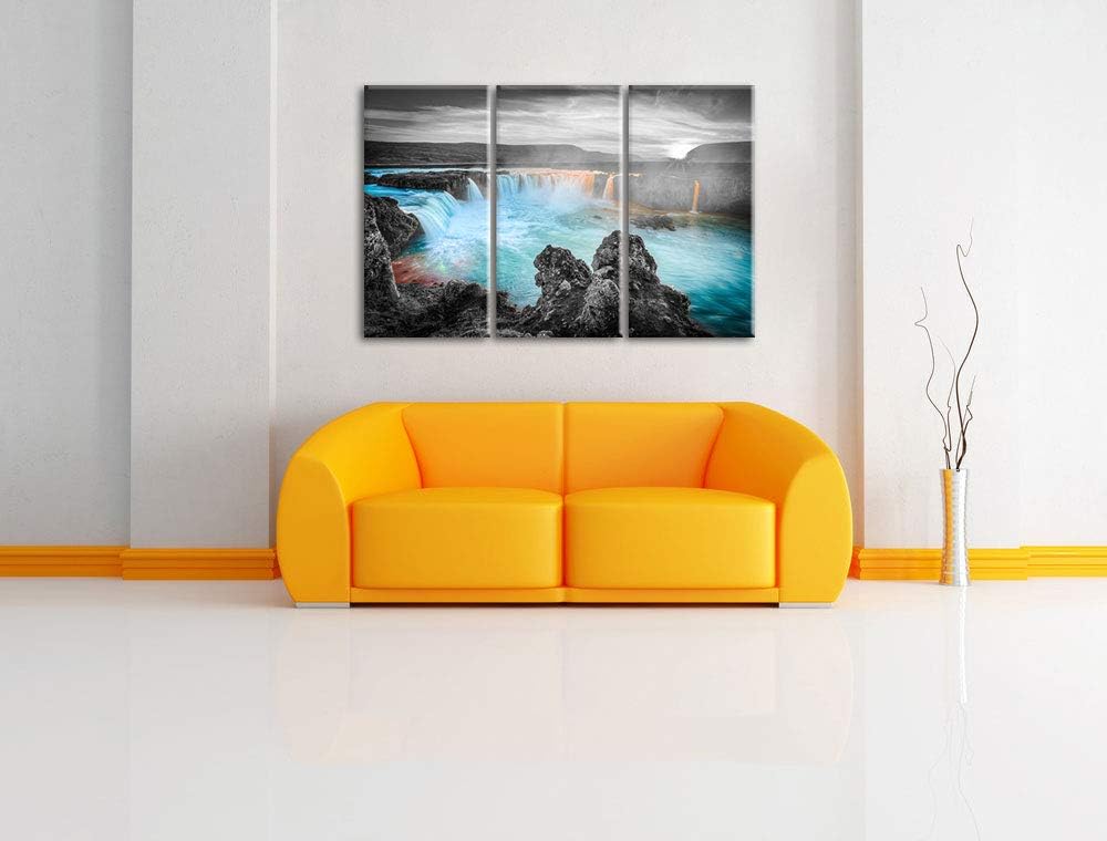 Pixxprint Goðafoss bei Sonnenuntergang als Leinwandbild | Grösse: 3 Teilig (120x80) | Wandbild| Kuns