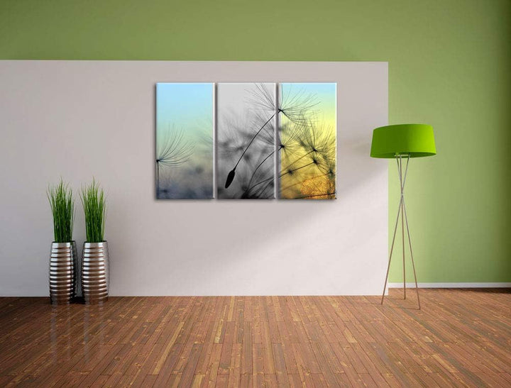 Pusteblumensamen vom Winde verweht schwarz/weiss 3-Teiler Leinwandbild 120x80 Bild auf Leinwand, XXL