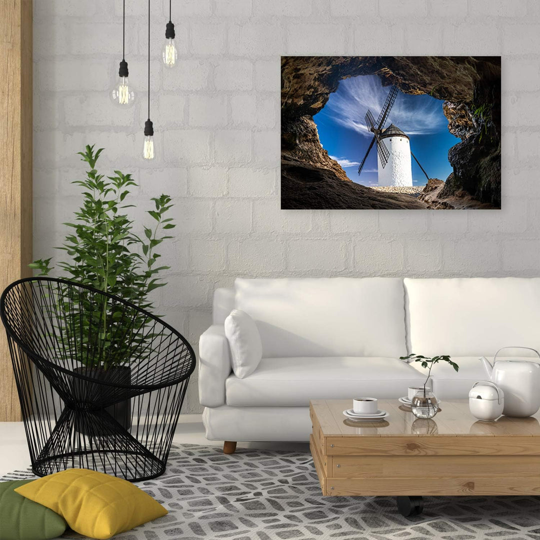 Feeby Wandbild 3D Bild Druckbild Leinwandbild Windmühle Blau 90x60 cm Leinwandbild 90x60 cm Blau_b,