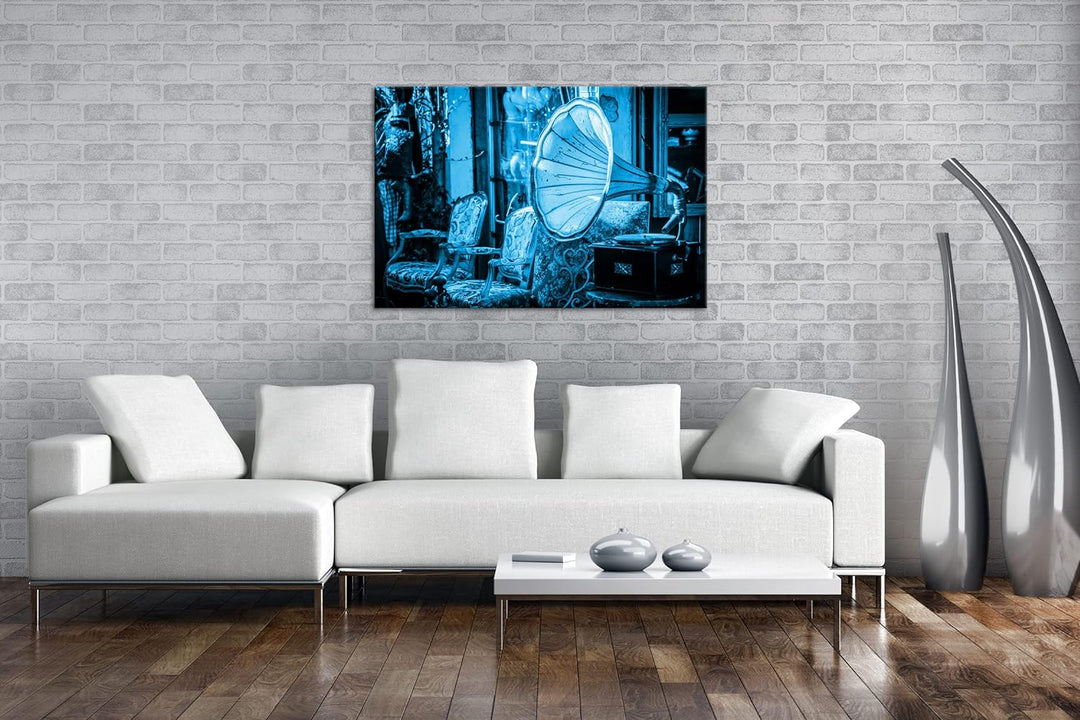 deyoli nostalgischer Plattenspieler Format 80x60 Effekt: Monocrome Blau als Leinwandbild, Motiv fert