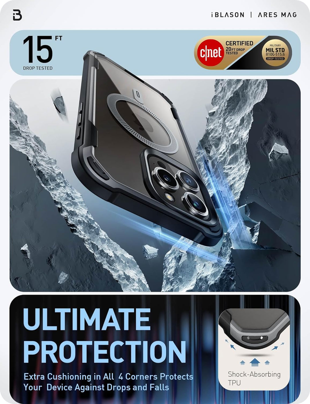 i-Blason Ares Mag Hülle für iPhone 15 Pro Max (6.7") 2023, Kompatibel mit MagSafe, Bumper Case Trans