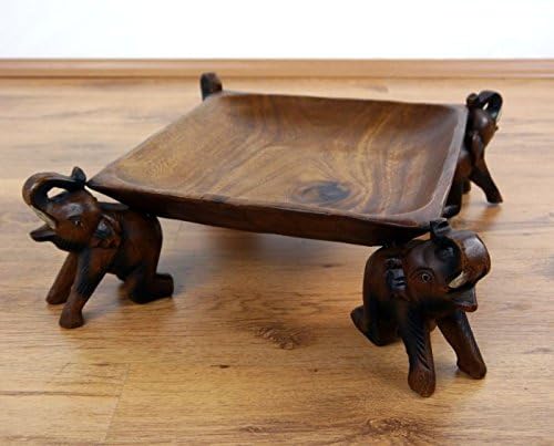 livasia Obstschale, Gebäckschale mit Elefanten aus Holz, Brotschale, asiatische Deko Schale eckig, H