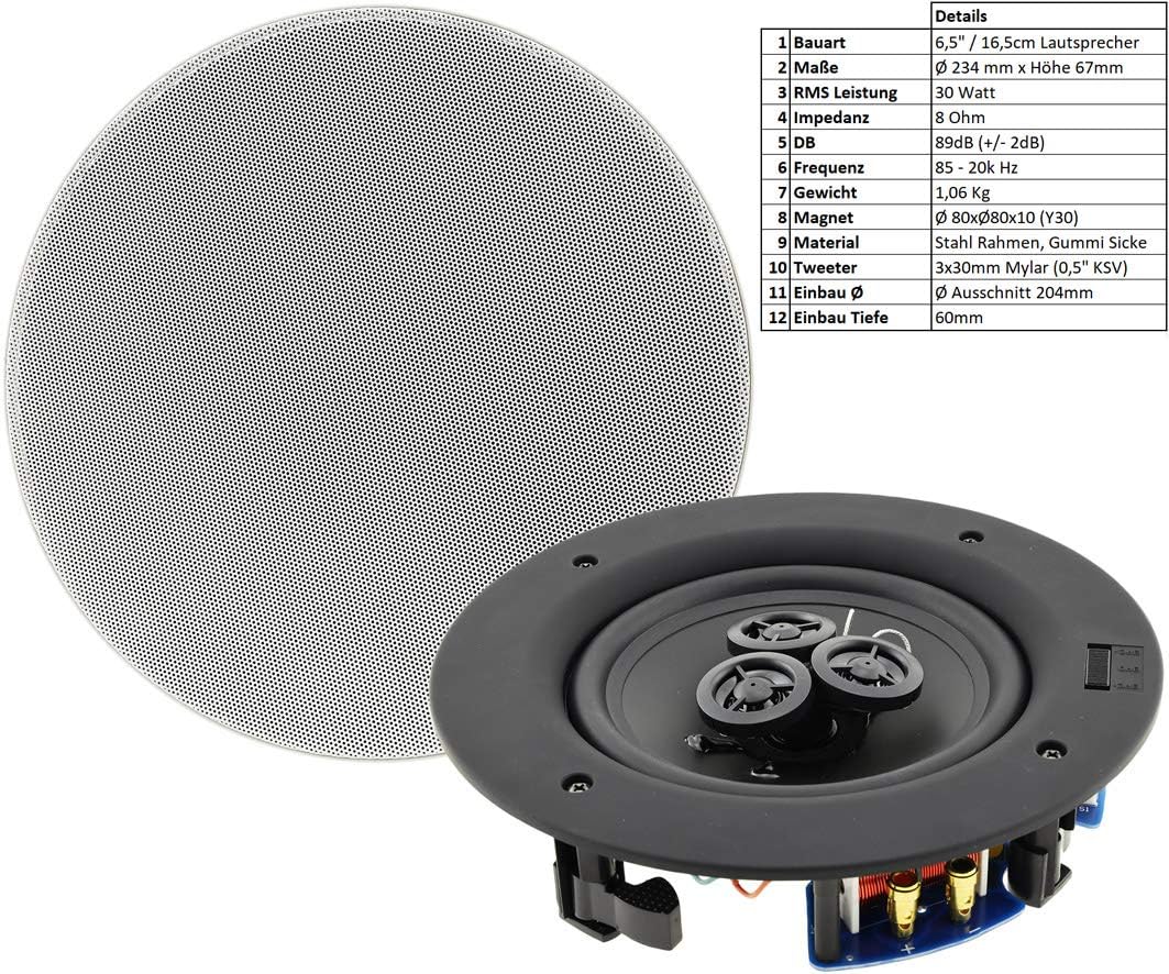 ChiliTec Einbaulautsprecher Lautsprecher CTE-30W für Decke Wand 2-Wege 80Watt High End Rund 234x60mm