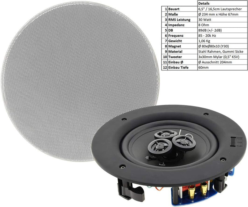 ChiliTec Einbaulautsprecher Lautsprecher CTE-30W für Decke Wand 2-Wege 80Watt High End Rund 234x60mm
