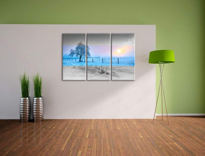 Einsamer Baum in Winterlandschaft schwarz/weiss 3-Teiler Leinwandbild 120x80 Bild auf Leinwand, XXL