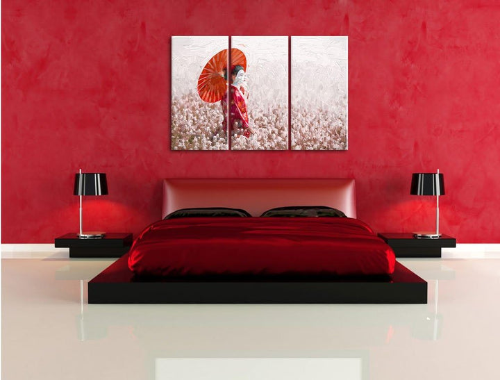 Pixxprint Geisha auf dem Feld Kunst als Leinwandbild/Grösse: 3 Teilig (120x80) cm/Wandbild/Kunstdruc