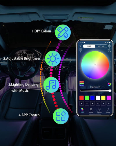 Auto-LED-Innenstreifen, App-Steuerung, Auto-Armaturenbrett-Lichtstreifen, Umgebungsbeleuchtung, 5-in