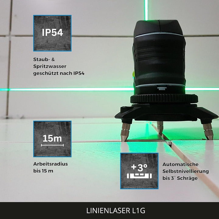 hedue® Linienlaser L1G - Kreuzlinienlaser selbstnivellierend mit grünen Laserlinien, Kreuzlaser Nive