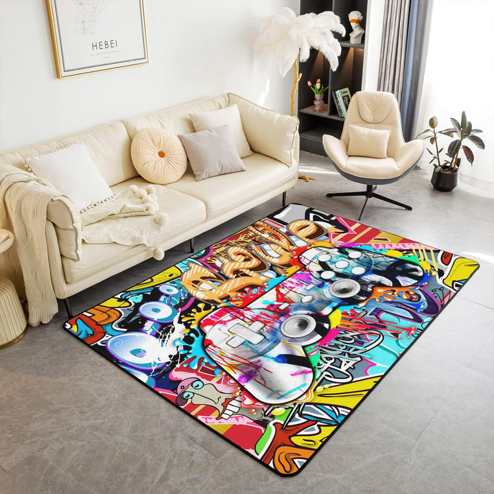 Loussiesd Gamer Wohnzimmerteppich 100x150cm Hippie Graffiti Stil Wohnzimmer Teppiche für Schlafzimme