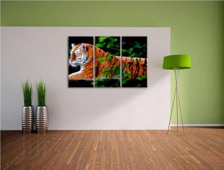 Dark anmutiger Tiger auf Baumstamm NewArt 3-Teiler Leinwandbild 120x80 Bild auf Leinwand, XXL riesig