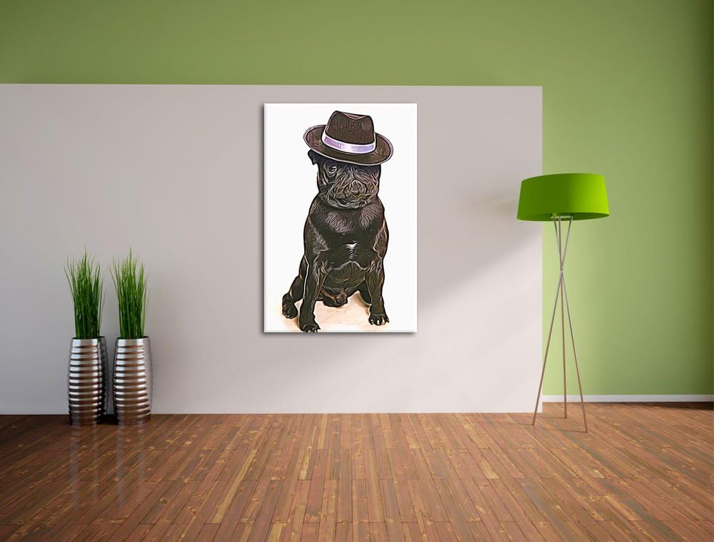 Mops mit Mafia Hut Deluxe Format: 100x70 cm auf Leinwand, XXL riesige Bilder fertig gerahmt mit Keil