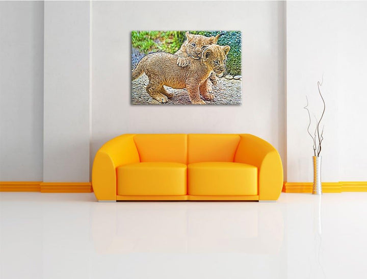 spielende Löwenjunge Deluxe Format: 100x70 cm auf Leinwand, XXL riesige Bilder fertig gerahmt mit Ke