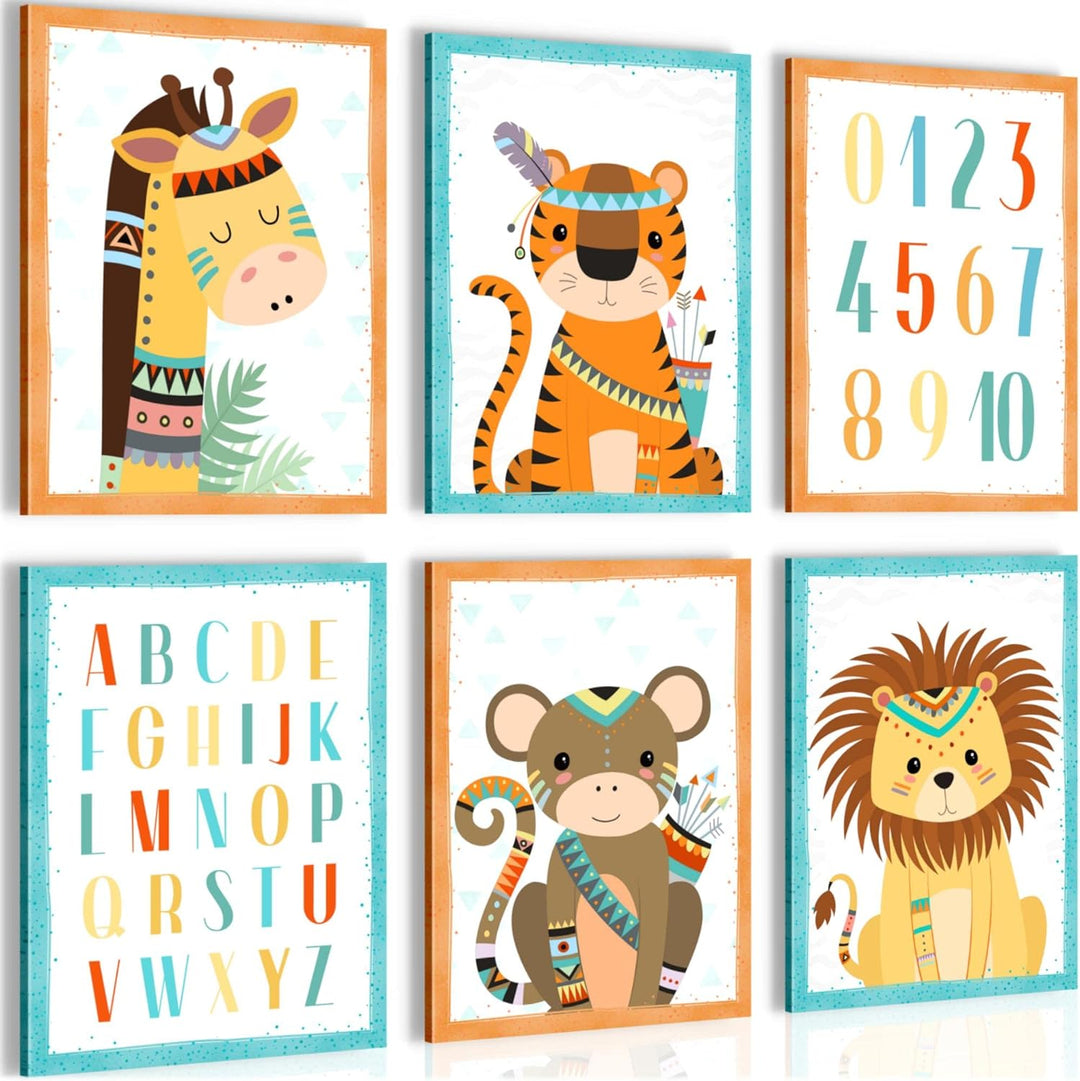 FERTIG ZUM AUFHÄNGEN Wandbilder Set - Babyzimmer Junge Mädchen - Kinderzimmer Poster Tiere - Indiane