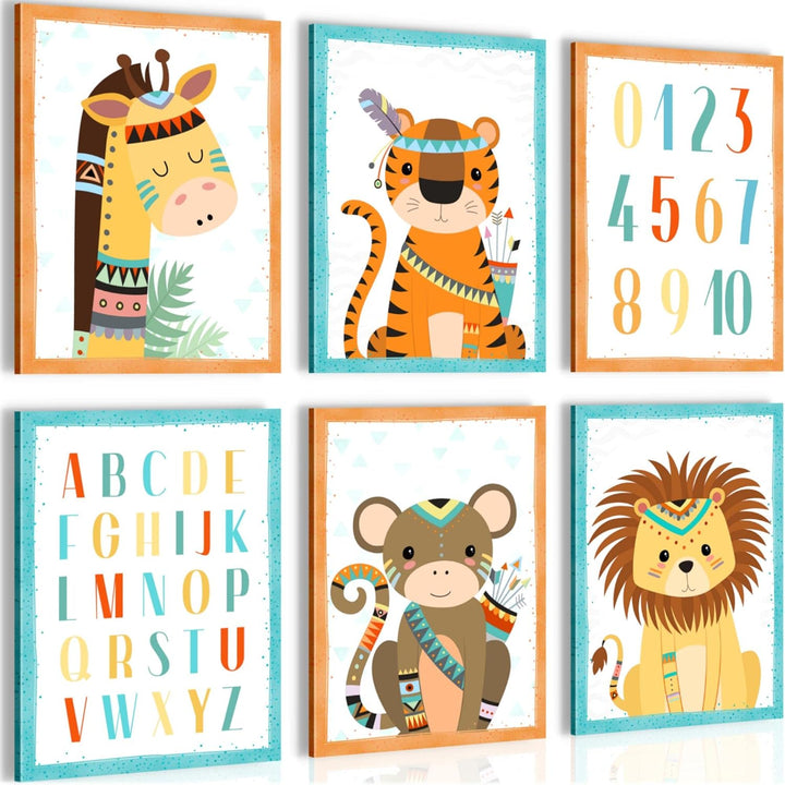 FERTIG ZUM AUFHÄNGEN Wandbilder Set - Babyzimmer Junge Mädchen - Kinderzimmer Poster Tiere - Indiane