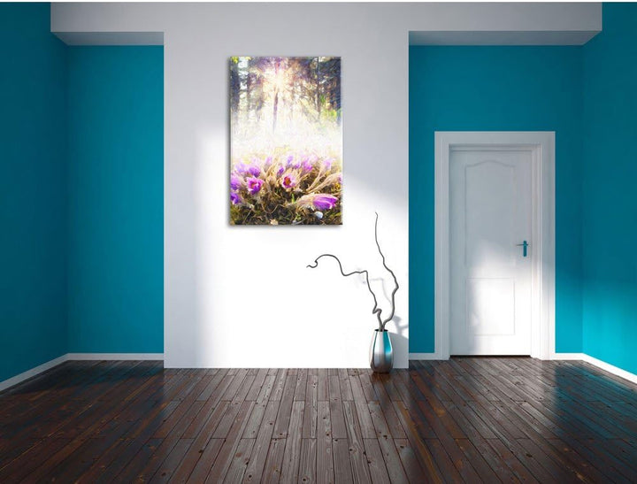 Pixxprint blühende Blumen im Wald / 100x70cm Leinwandbild bespannt auf Holzrahmen/Wandbild Kunstdruc