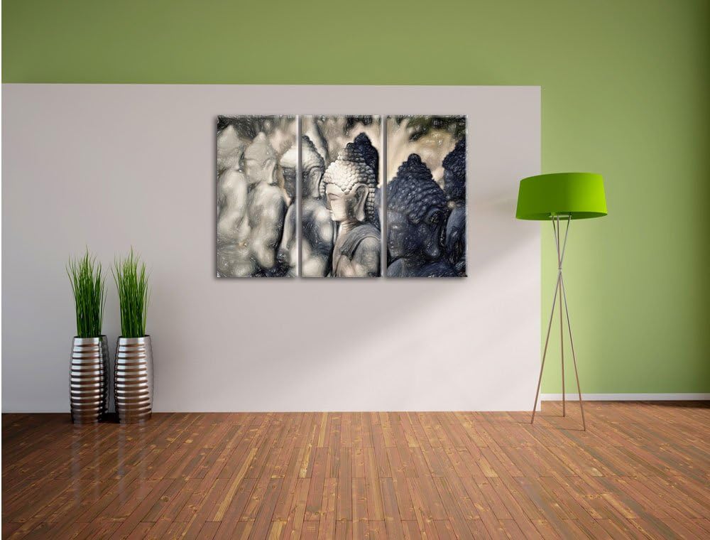 Pixxprint Buddha-Statuen in Einer Reihe als Leinwandbild/Grösse: 3 Teilig (120x80 cm) cm/Wandbild/Ku