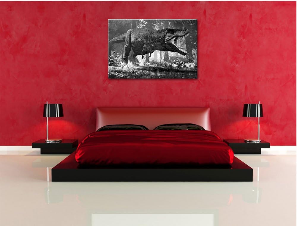 Pixxprint T-Rex Dinosaurier im Wald Kunst B&W, Format: 100x70 auf Leinwand, 100x70