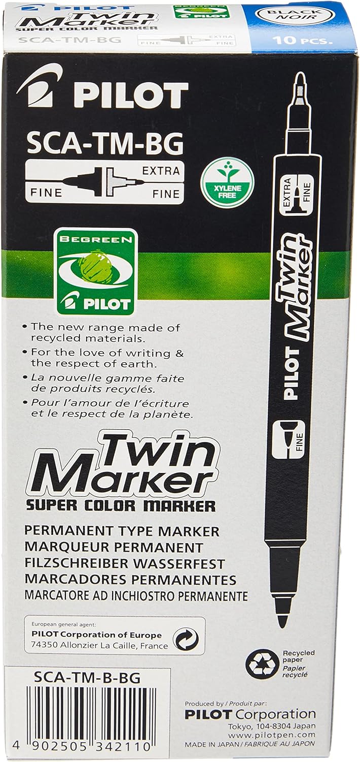 Pilot Twin Marker BeGreen Permanentmarker, 2 Spitzen, Rundspitzen/fein/mittel, 10 Stück Noire, Noire