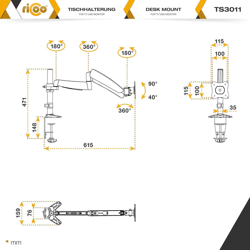RICOO Monitor Halterung Tisch Gasdruckfeder für 13-32 Zoll, VESA Tischhalterung, Monitorarm TS3011,