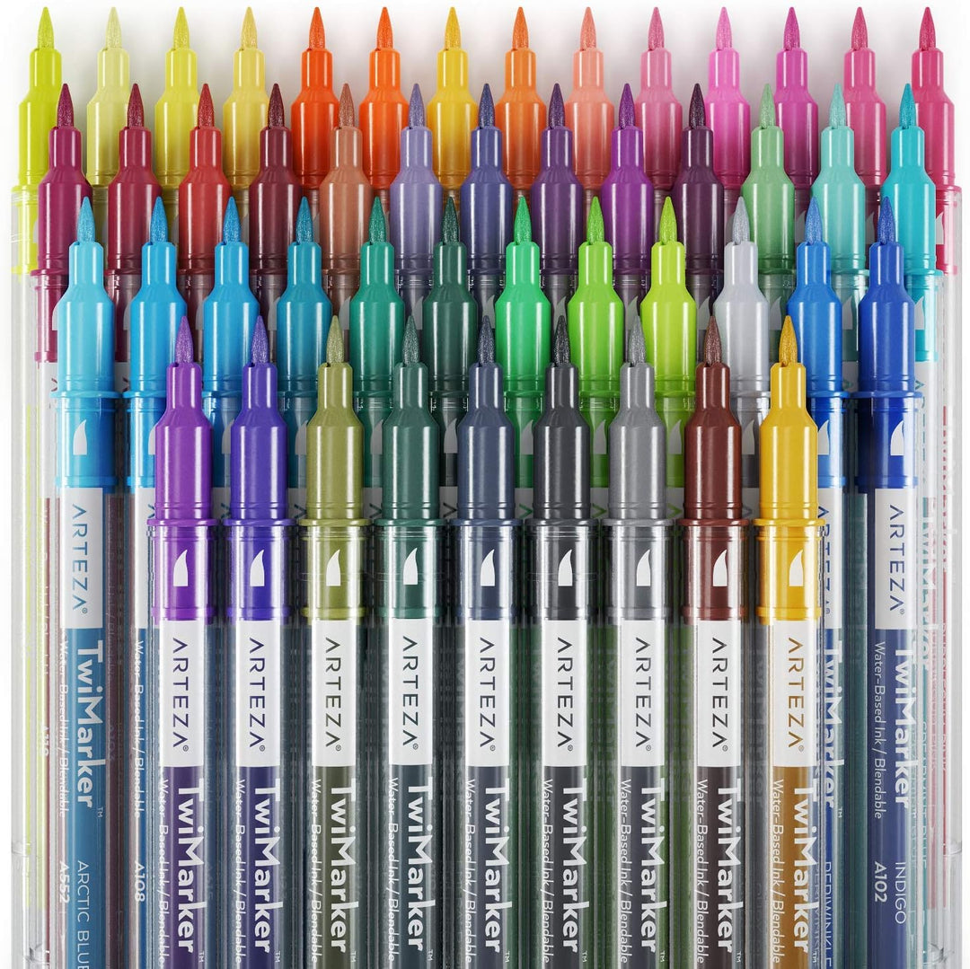 ARTEZA TwiMarkers, 48 bunte Doppelfasermaler, Dual Brush Pen Set mit feiner 0.4 mm Spitze und Pinsel