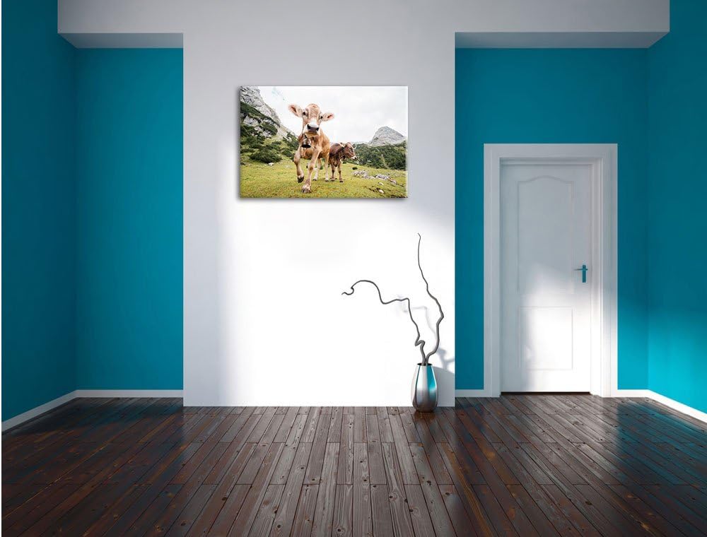 Almkuh auf der Weide, Format: 100x70 auf Leinwand, XXL riesige Bilder fertig gerahmt mit Keilrahmen,