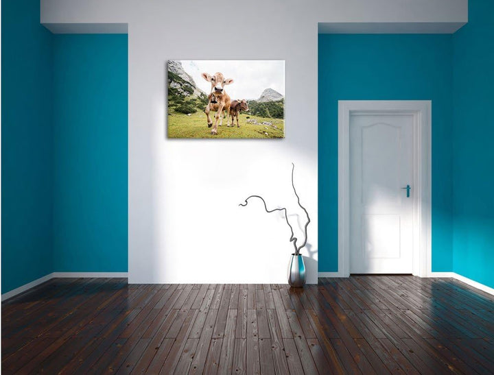 Almkuh auf der Weide, Format: 100x70 auf Leinwand, XXL riesige Bilder fertig gerahmt mit Keilrahmen,