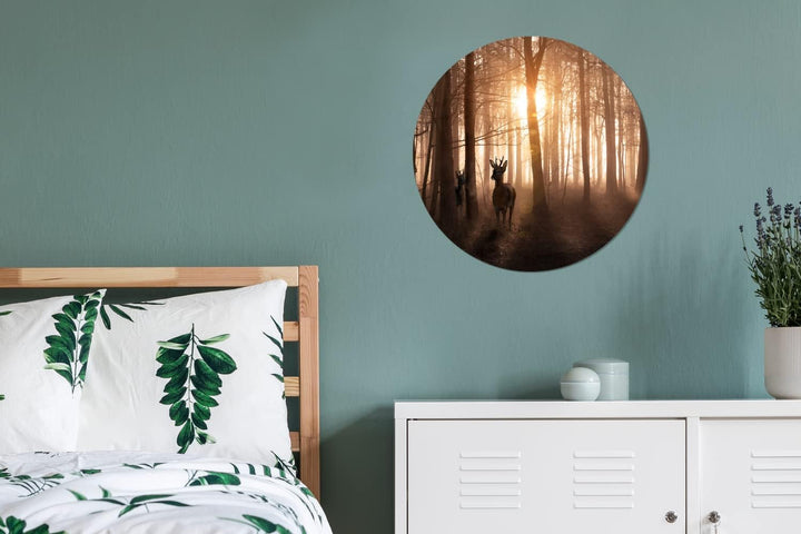 MuchoWow Wandbild Rund Wanddeko Deko Wohnzimmer Bilder 60x60 cm Wald - Hirsche - Sonne - Bäume - Win