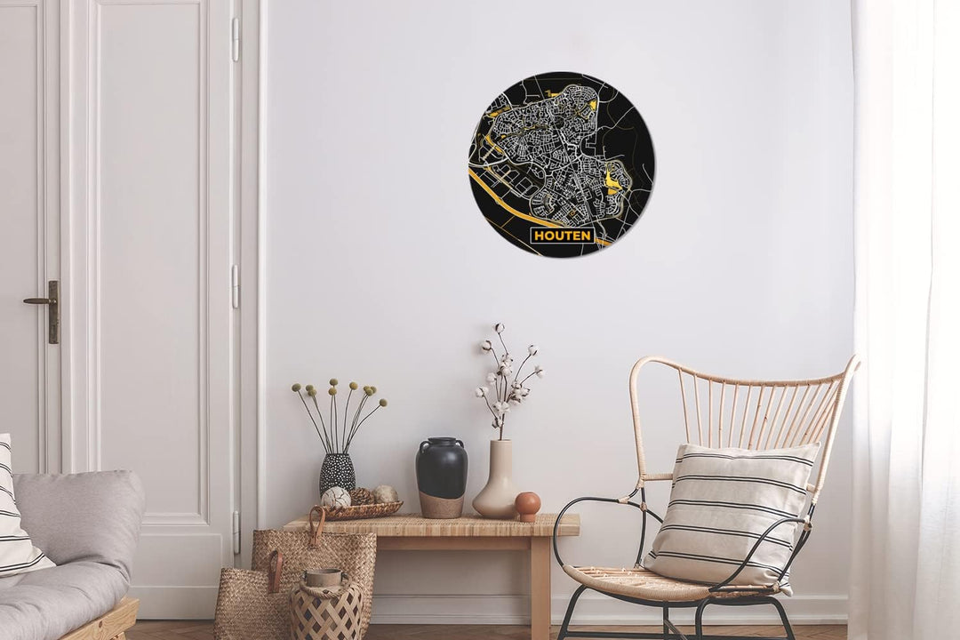 MuchoWow Wandbild Rund Wanddeko Deko Wohnzimmer Bilder 30x30 cm Houten - Schwarz und Gold - Stadtpla