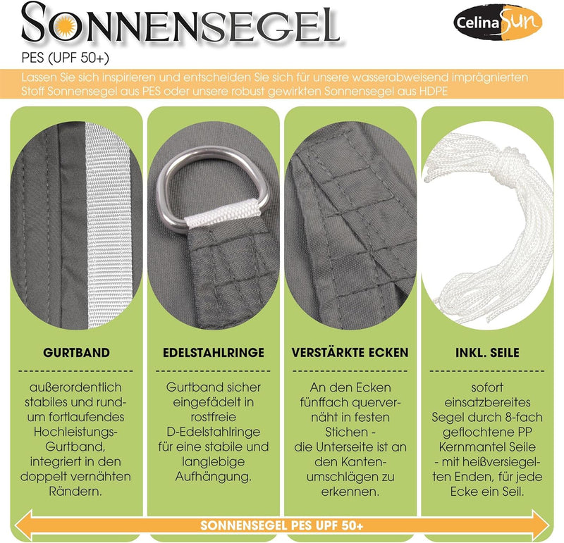 CelinaSun Sonnensegel PES Dreieck gleichseitig 4,6x4,6x4,6m Sand beige UPF 50+ Premium Sonnenschutz