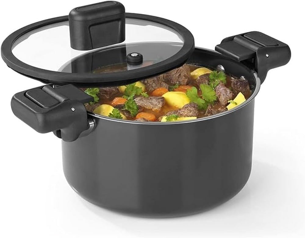 N8WERK Aluguss-Energiespartopf 5,8 L | Wärmeabweisende Griffe, Glasdeckel mit Silikonumrandung | Inn