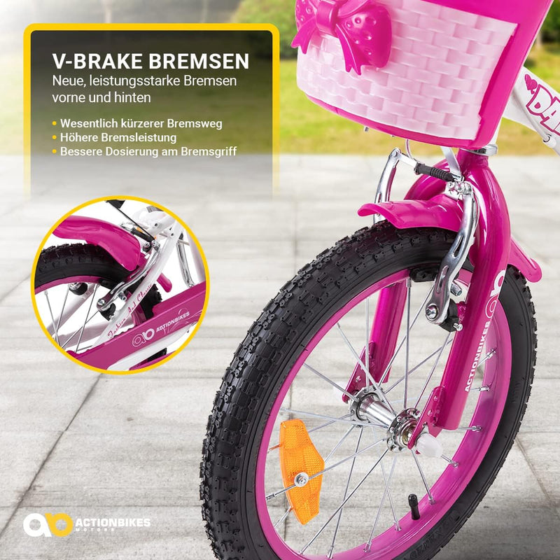 Actionbikes Kinderfahrrad Daisy | 12 Zoll / 16 Zoll / 20 Zoll - V-Brake Bremsen - Schutzblech v. und