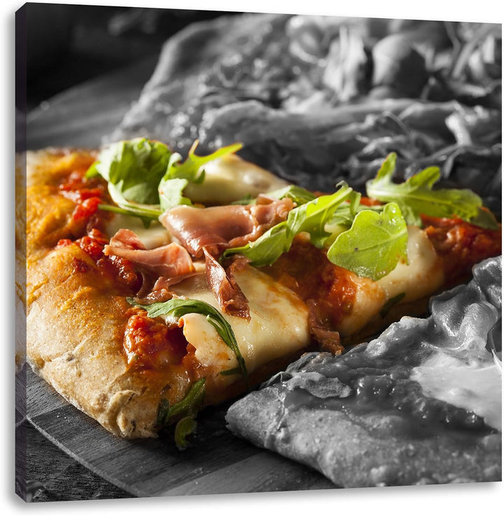 leckere Pizza mit Bacon und Rucola schwarz/weiss, Format: 70x70 auf Leinwand, 70x70