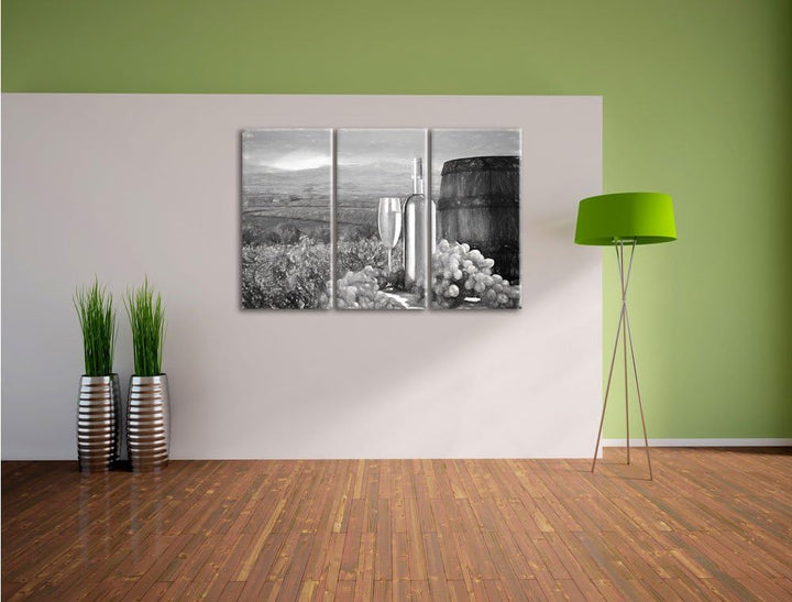 Pixxprint Weinreben mit Weinflasche und Fass Kohle Zeichnung Effekt 3-Teiler Leinwandbild 120x80 Bil