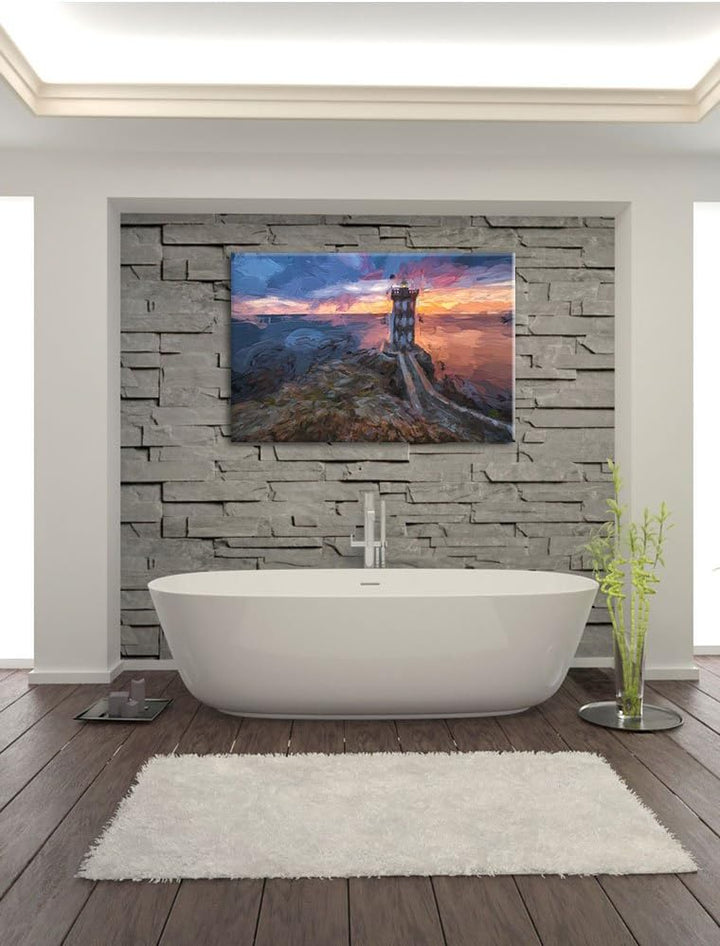 Pixxprint Leuchtturm im Sonnenuntergang als Leinwandbild/Grösse: 100x70 / Wandbild/Kunstdruck/fertig