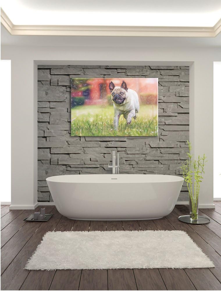 Pixxprint Rennender Mops als Leinwandbild/Grösse: 100x70 cm/Wandbild/Kunstdruck/fertig bespannt, 100