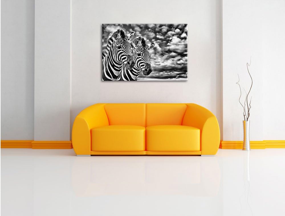 Monocrome, Zebra Pärchen , Format: 100x70 auf Leinwand, XXL riesige Bilder fertig gerahmt mit Keilra