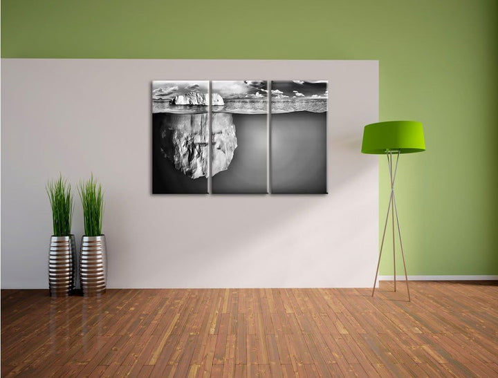Pixxprint Monocrome, Riesiger Eisberg unter Wasser 3-Teiler Leinwandbild 120x80 Bild auf Leinwand
