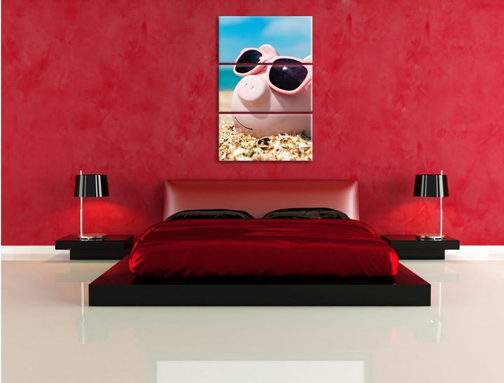 Pixxprint Schweinchen am Strand 3-Teiler Leinwandbild 120x80 Bild auf Leinwand